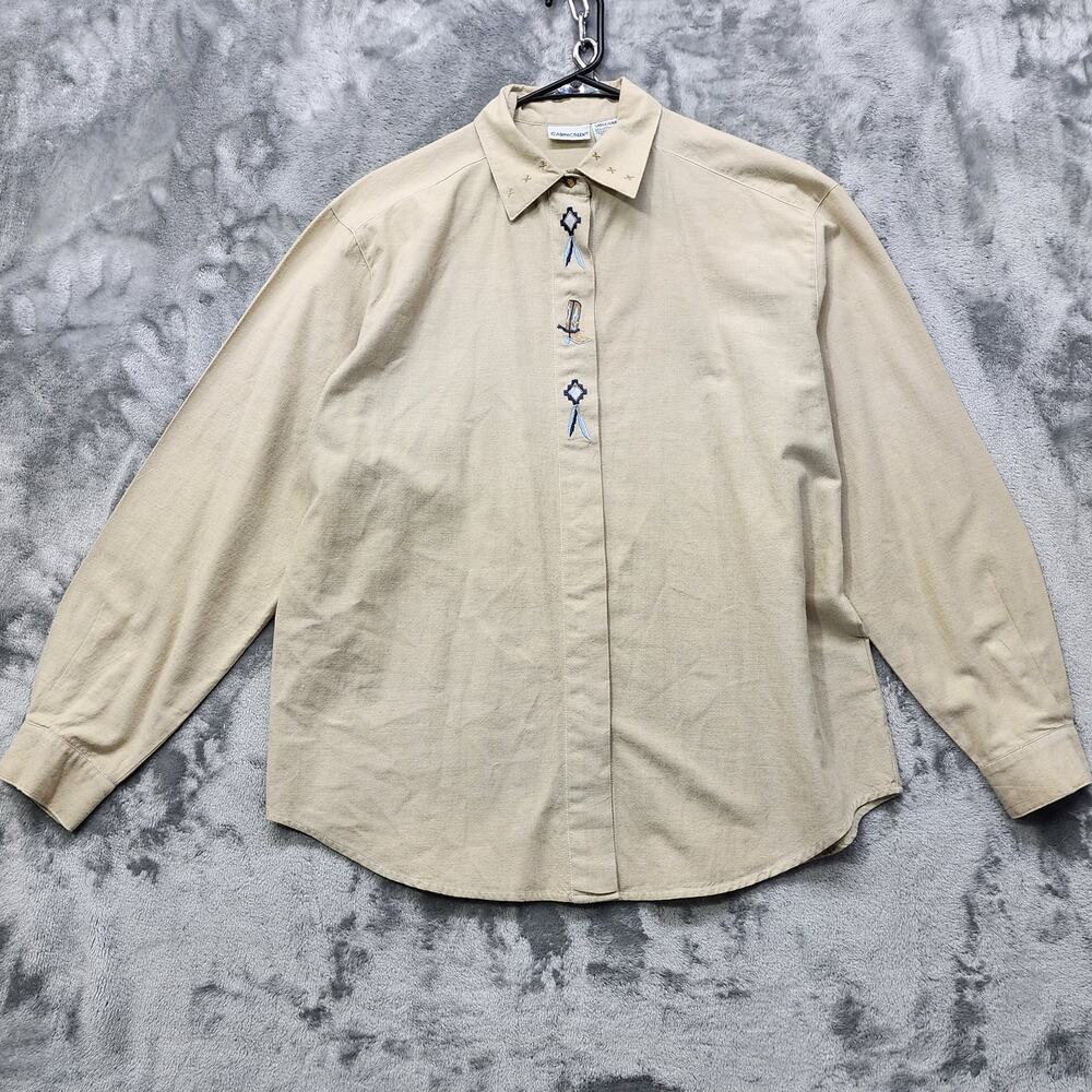 Vintage Cabin Creek Shirt Womens L Beige Embroidered Cowboy Boot Long Sleeve